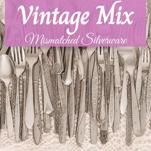 May include: A collection of assorted silver-toned metal flatware including various forks, knives, and spoons with diverse decorative handle patterns. A purple banner overlay features the white text Vintage Mix Mismatched Silverware.