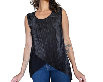 Vintage Black Unique Hem Overlay Tunic: Lagenlook Layering Piece, Retro Top
