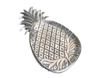 Retro Silver Pineapple Dish Trinket Tray | Etched Metal Made In India | Holiday Party | Eclectic Tablescape | Housewarming Gift