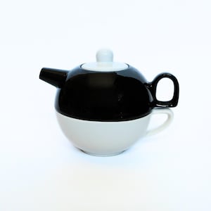 Vintage Ceramic Stackable Tea Set For One | Tea Pot With Teacup | Monochrome Black And White | Retro Kitchen | Eclectic Home Decor