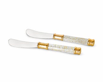 Vintage Lucite Stainless Steel Gold Glitter Appetizer Knives Set of 2 | Retro Kitchen | MCM Acrylic