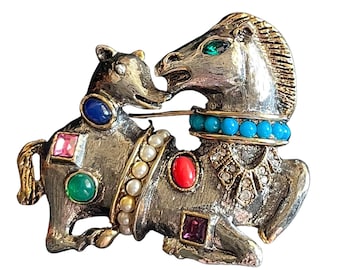 Vintage Rare Kenneth Jay Lane Horse & Hound Brooch: Two-Toned Gemstone Book Piece