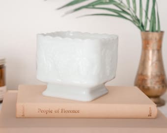 Vintage Anchor Hocking Footed Pedestal Milk Glass Planter: Harvest Grape Compote Dish | MCM Retro | Scalloped Bookshelf Accent