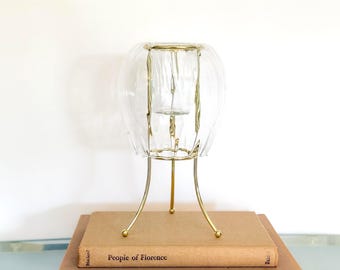 Vintage PartyLite Optic Odyssey Candle Holder Fairy Lamp: MCM Ribbed Glass Votive with Gold Metal Stand