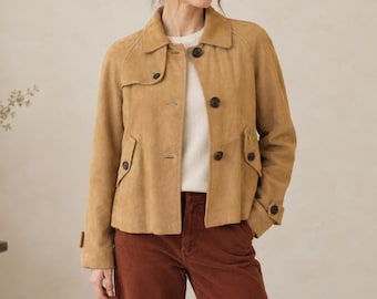 Vintage Martin & Osa Suede Leather Coat | Retro Camel Neutral Jacket | Short Cropped Blazer Style Layering Outerwear