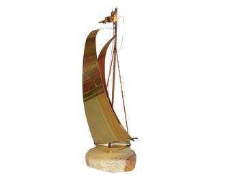 Vintage Brass Copper And Stone Sailboat Sculpture: Signed MCM Nautical Decor