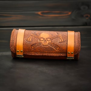 HANDMADE LEATHER Motorcycle Handlebar Bag, Skull with Tomahawks, Carved Laced Motorcycle Bag, Fork Tool Bag, Saddlebag, Chopper, Sissy Bar