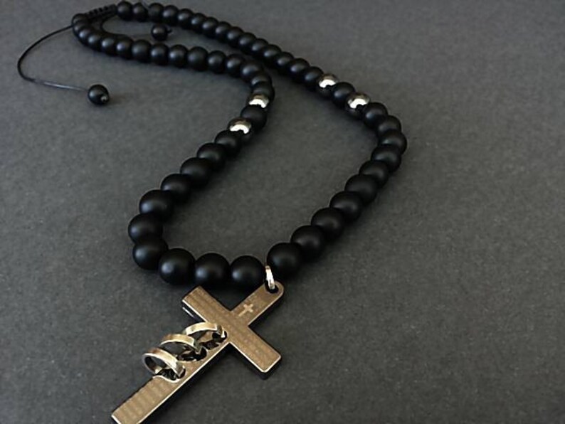 Cross Pendant Beaded Necklace Mens Onyx Image 0