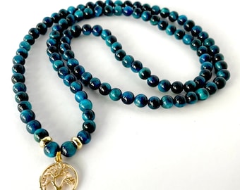 Blue Tiger Eye Mala Bead Necklace: 18k Gold Tree of Life Charm