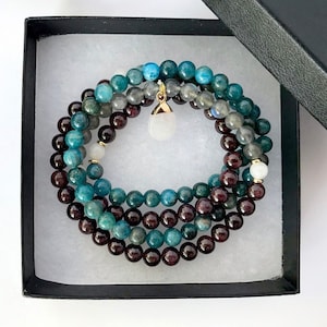 Apatite, Labradorite, and Garnet Healing Mala Bracelet for Yoga, Meditation, and Chakra Energy, 108 Mala beads, Women beaded Mala bracelet
