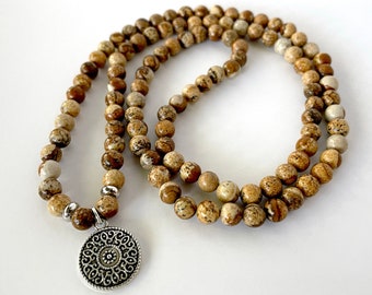 PICTURE JASPER 6 mm Stretchy Mala bead / Healing gemstone personalized jewelry for women / 108 Mala bracelet / Meditation prayer beads