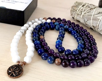 Mala beads Stretchy 8 MM Amethyst and Lapis Lazuli lotus Mala bead prayer bracelet, Natural stone yoga bracelet, Beaded bracelet for women