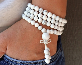 Howlite Mala Bracelet: Meditation Yoga Beads, Anxiety Relief