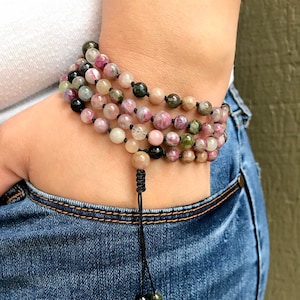 Watermelon Tourmaline Mala Bead Necklace: Knotted Yoga Prayer Bracelet
