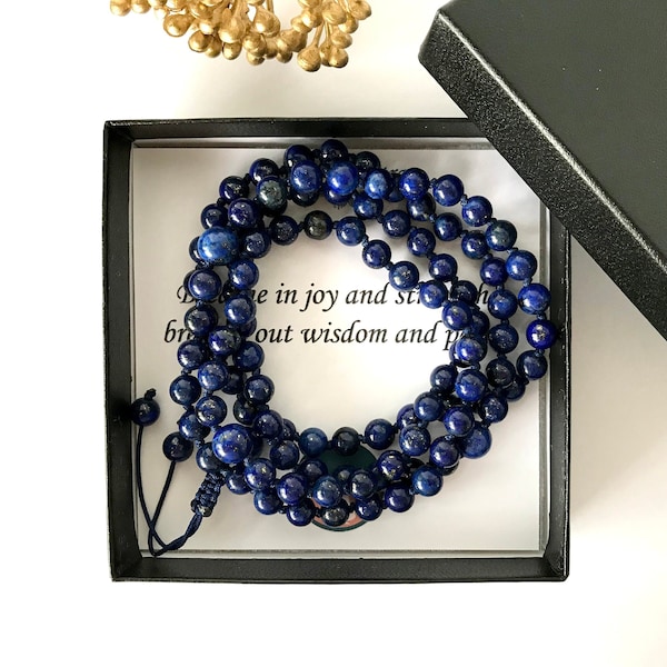 Lapislázuli EXPRESIÓN ajustable-mano anudada 108 cuentas Mala, pulsera de cuentas, pulsera Mala, regalo de yoga, pulsera de oración de meditación