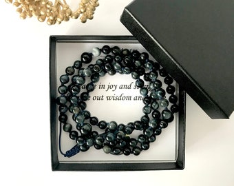 Blue Tiger Eye Mala Bead Necklace: Hand-Knotted Adjustable Gemstone