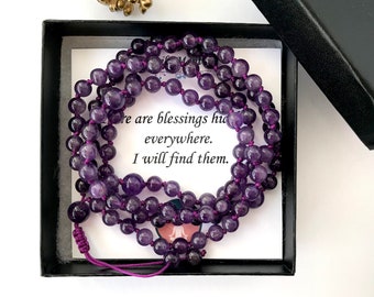 Mala Beads 6 Mm Powerful PROTECTION and STRESS Reliever - AMETHYST Bead Bracelet, Adjustable Yoga Mala Necklace, Mala Anxiety Bracelet