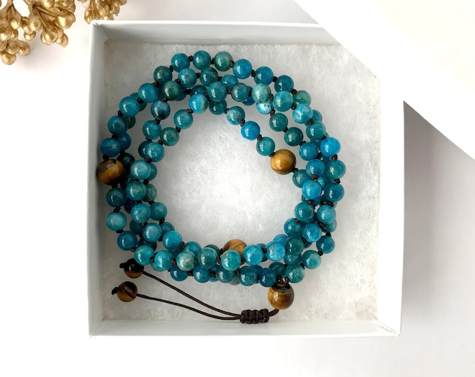 Adjustable Mala Beads: Apatite & Tiger Eye Gemstone Necklace