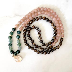 Bronzite - Green Moss Agate, Sunstone Mala Bracelet – Elastic Healing Bracelet for Grounding, Vitality & Abundance, Meditation yoga jewelry