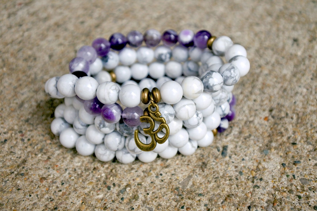 Bracelet howlite et améthyste 18,5 cm , lithothérapie - Montres & Bijoux