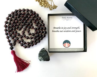 Granat 108 Mala Halsband: Knutna bönepärlor, Yogasmycken