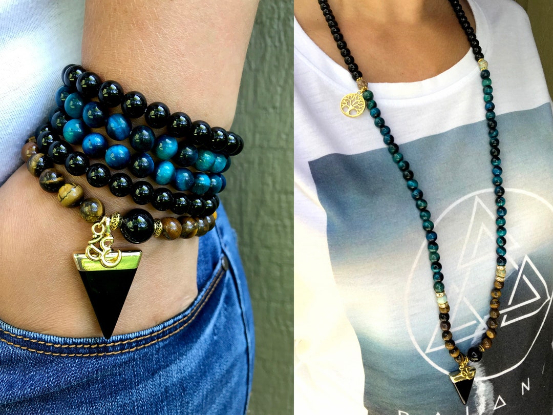 Bracelet Mala Onyx Noir Avec Perles Dorées - Élastique 17-20 Cm - Unisexe - Bijou Zen & Élégant