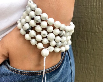 Howlite Mala Beads: Calming Stone Meditation Necklace or Bracelet