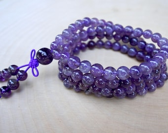Amethyst Mala Bead Bracelet: 6MM Healing Gemstone Yoga Jewelry