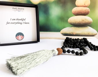 Lava Rock 108 Mala Bead Necklace, Hand Knotted Mala Necklace, Tassel Necklace, Mala Bead 108, Mantra Card Gift, Bohemian Jewelry, Meditation