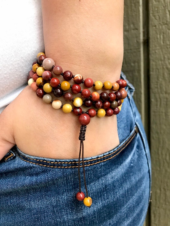 Mookaite Mala Bead Necklace: Knotted Meditation Prayer Beads, Yoga