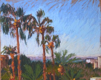 Original Pastel Painting – Jordanian Terrace Palm Trees, Signed Artwork