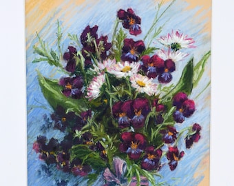Original Floral Pastel Painting - Pansies and Daisies Still Life