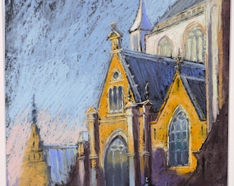 Cathedral Pastel Painting – Gothic Architecture Cityscape Artwork, Signed