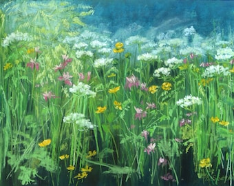 Original Pastel Painting – Summer Meadow Floral Landscape, 13.4x19.3 in