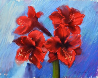 Original Red Amaryllis Pastel Painting – Floral Impressionistic Artwork (11x15 in)