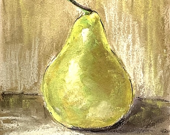 Original Pastel Botanical Illustration – Pear Artwork. Soft Pastel Fruit Still Life, Signed Handmade Painting.