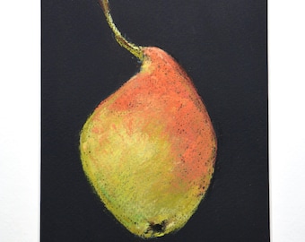 Original Pear Pastel Still Life – Botanical Kitchen Art on Black Paper