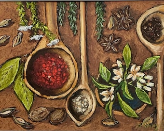 Original Pastel Still Life Kitchen Art | Spices, Herbs, Wooden Spoons (19x27cm)