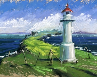 Lighthouse at Sunset - Original Pastel Painting, Coastal Art