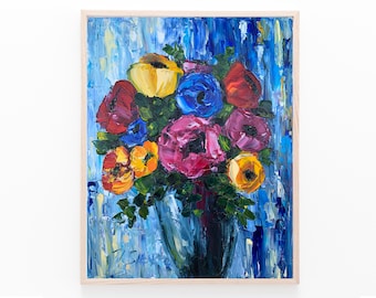 Original Floral Oil Painting – Colorful Flower Bouquet Impressionist Art