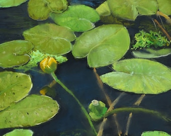 Original Pastel Painting – Impressionist Water Lilies Landscape, Signed Wall Art