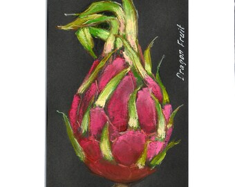 Dragon Fruit Pastel Painting – Original Botanical Art on Black, Signed