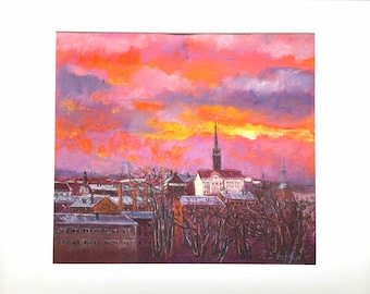 Riga Sunrise Pastel Painting – European Cityscape Art, Signed
