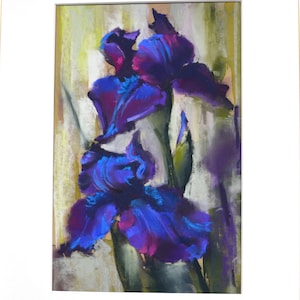 Original pastel drawing of blooming purple irises.