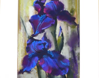 Original Purple Iris Pastel Painting – Floral Impressionist Art