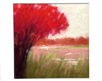 Original Abstract Landscape Pastel Painting – Sunrise, Red Tree Artwork