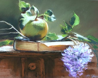 Apple & Lilac Still Life Painting – Original Pastel Artwork, Signed