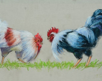 Original Fighting Roosters Pastel Painting – Farmhouse Animal Artwork