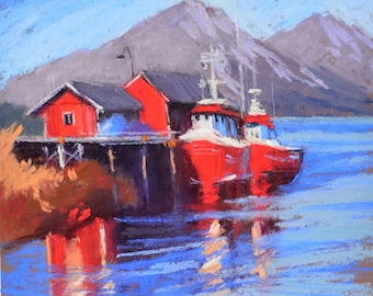 Original Pastel Seascape Painting – Red Boats, Harbor Artwork (8.3x11.8 in)