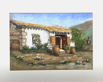 Spanish Courtyard - Original Pastel Painting, Mediterranean Art.